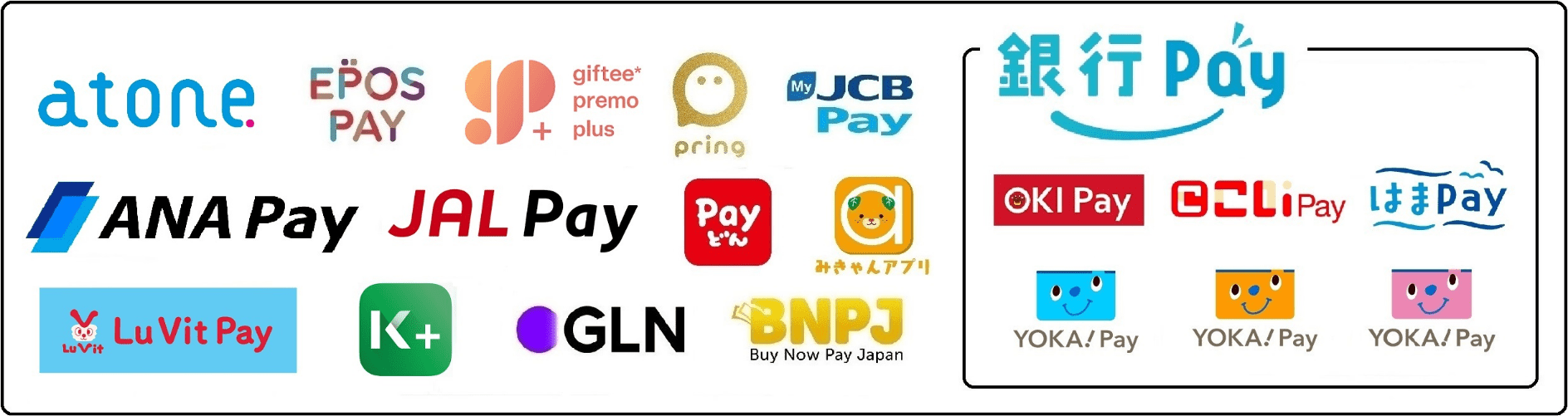 Smart Codeとして使える決済：atone、EPOS PAY、ギフティプレモPlus、pring、JCB Pay、ANA Pay、JAL Pay、Payどん、みきゃんアプリ、Lu Vit Pay、K PLUS、GLN、BNPJ、銀行Pay（OKI Pay、こいPay、はまPay、YOKA!Pay）