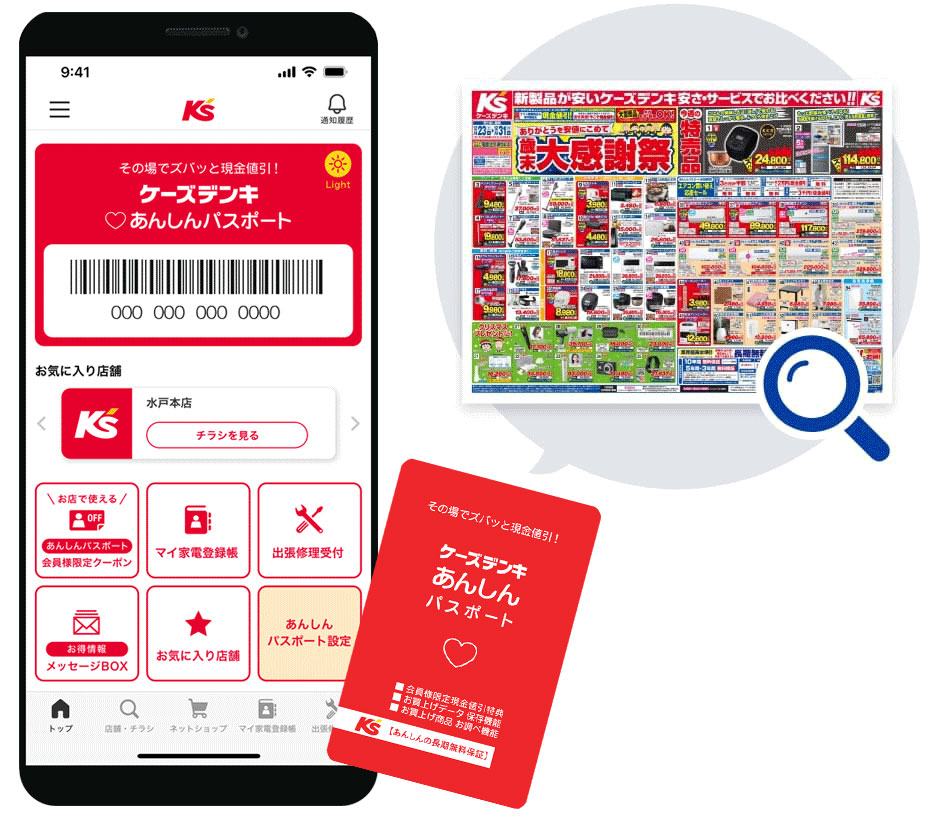 スマートフォン上でのケーズデンキあんしんパスポートのイメージ画面、内容は次のリストに記載